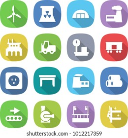 flat vector icon set - windmill vector, nuclear power, hangare, factory, fork loader, warehouse scales, railroad shipping, socket, table, pipes, conveyor, water pump, skysrcapers cleaning