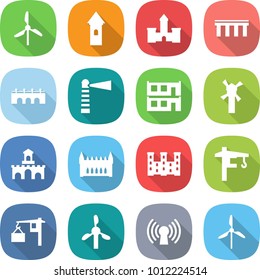 flat vector icon set - windmill vector, tower, castle, bridge, lighthouse, modular house, fort, gothic architecture, palace, crane, loading, antenna
