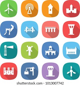 flat vector icon set - windmill vector, antenna, tower, castle, greate wall, bridge, airport, lighthouse, fort, gothic architecture, palace, loading