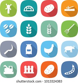 flat vector icon set - windmill vector, greenhouse, potato, soil cutter, coffee seeds, spike, fork, sickle, flour, chicken, sheep, harvester, grain elevator, peas