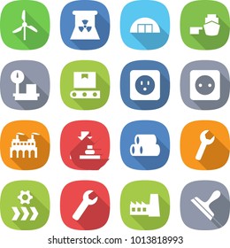 flat vector icon set - windmill vector, nuclear power, hangare, port, warehouse scales, transporter tape, socket, factory, press, pipes, wrench, conveyor, scraper