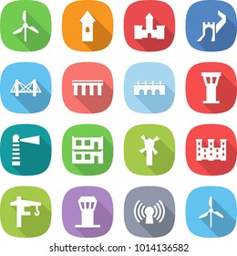 flat vector icon set - windmill vector, tower, castle, greate wall, bridge, airport, lighthouse, modular house, palace, crane, antenna