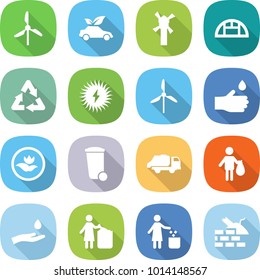 flat vector icon set - windmill vector, eco car, greenhouse, recycle, solar power, hand drop, ecology, trash bin, truck, and, garbage, construct