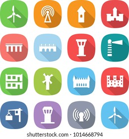 flat vector icon set - windmill vector, antenna, tower, castle, bridge, airport, lighthouse, modular house, gothic architecture, palace, loading