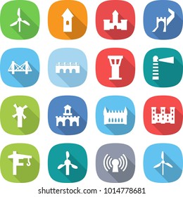 flat vector icon set - windmill vector, tower, castle, greate wall, bridge, airport, lighthouse, fort, gothic architecture, palace, crane, antenna