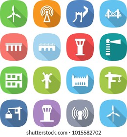 flat vector icon set - windmill vector, antenna, greate wall, bridge, airport tower, lighthouse, modular house, gothic architecture, crane, loading