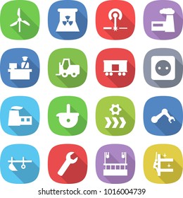 flat vector icon set - windmill vector, nuclear power, laser, factory, customs control, fork loader, railroad shipping, socket, ladle, conveyor, robot hand, plow, wrench, skysrcapers cleaning