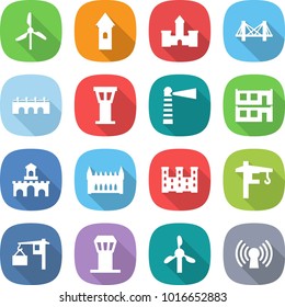flat vector icon set - windmill vector, tower, castle, bridge, airport, lighthouse, modular house, fort, gothic architecture, palace, crane, loading, antenna