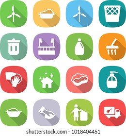 flat vector icon set - windmill vector, washing, trash bin, skysrcapers cleaning, cleanser, vacuum cleaner, wiping, house, sponge with foam, liquid soap, basin, garbage, home call