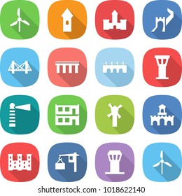 flat vector icon set - windmill vector, tower, castle, greate wall, bridge, airport, lighthouse, modular house, fort, palace, loading