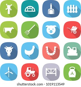 flat vector icon set - windmill vector, greenhouse, scoop, fence, cow, fork, pig, wheelbarrow, chicken, horseshoe, harvester, tractor, farm, fertilizer
