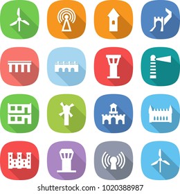 flat vector icon set - windmill vector, antenna, tower, greate wall, bridge, airport, lighthouse, modular house, fort, gothic architecture, palace
