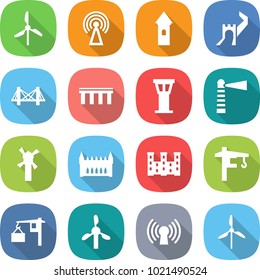 flat vector icon set - windmill vector, antenna, tower, greate wall, bridge, airport, lighthouse, gothic architecture, palace, crane, loading