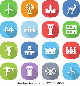 flat vector icon set - windmill vector, antenna, castle, greate wall, bridge, airport tower, modular house, fort, gothic architecture, palace, crane