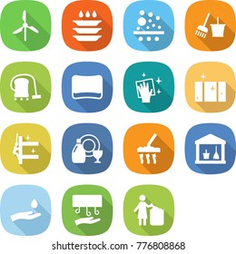 flat vector icon set - windmill vector, plate washing, filter, bucket and broom, vacuum cleaner, sponge, wiping, clean window, skyscrapers cleaning, dish cleanser, utility room, hand drop, dryer