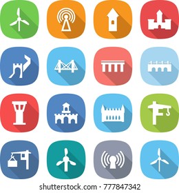 flat vector icon set - windmill vector, antenna, tower, castle, greate wall, bridge, airport, fort, gothic architecture, crane, loading