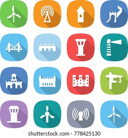 flat vector icon set - windmill vector, antenna, tower, greate wall, bridge, airport, lighthouse, fort, gothic architecture, palace, crane