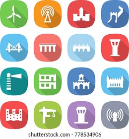 flat vector icon set - windmill vector, antenna, castle, greate wall, bridge, airport tower, lighthouse, modular house, fort, gothic architecture, palace, crane