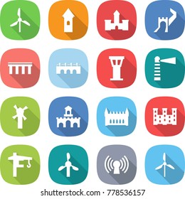 flat vector icon set - windmill vector, tower, castle, greate wall, bridge, airport, lighthouse, fort, gothic architecture, palace, crane, antenna