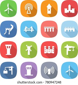 flat vector icon set - windmill vector, antenna, tower, castle, greate wall, bridge, airport, palace, crane, loading