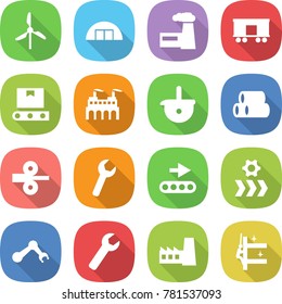 flat vector icon set - windmill vector, hangare, factory, railroad shipping, transporter tape, ladle, pipes, metal rolling, wrench, conveyor, robot hand, skyscrapers cleaning