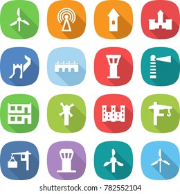 flat vector icon set - windmill vector, antenna, tower, castle, greate wall, bridge, airport, lighthouse, modular house, palace, crane, loading