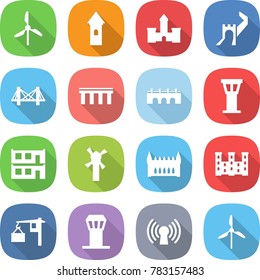flat vector icon set - windmill vector, tower, castle, great wall, bridge, airport, modular house, gothic architecture, palace, loading, antenna