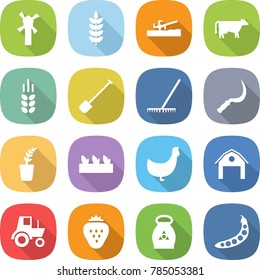 flat vector icon set - windmill vector, spike, soil cutter, cow, shovel, rake, sickle, seedling, chicken, barn, tractor, strawberry, fertilizer, peas