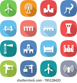 flat vector icon set - windmill vector, antenna, castle, greate wall, bridge, airport tower, lighthouse, fort, gothic architecture, palace, crane, loading