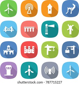 flat vector icon set - windmill vector, antenna, tower, greate wall, bridge, lighthouse, fort, palace, crane, loading, airport
