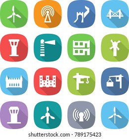 flat vector icon set - windmill vector, antenna, greate wall, bridge, airport tower, lighthouse, modular house, gothic architecture, palace, crane, loading