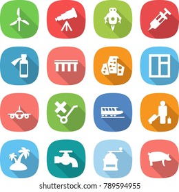 flat vector icon set - windmill vector, telescope, jet robot, syringe, potion bottle, bridge, modern architecture, window, plane, do not trolley sign, train, passenger, island, water tap, hand mill