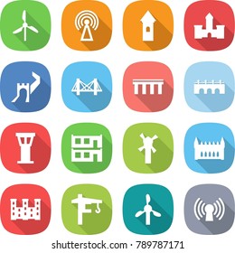 flat vector icon set - windmill vector, antenna, tower, castle, greate wall, bridge, airport, modular house, gothic architecture, palace, crane