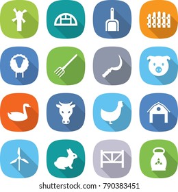 flat vector icon set - windmill vector, greenhouse, scoop, fence, sheep, fork, sickle, pig, goose, cow, chicken, barn, rabbit, farm, fertilizer