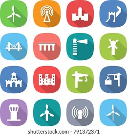 flat vector icon set - windmill vector, antenna, castle, greate wall, bridge, lighthouse, fort, palace, tower crane, loading, airport