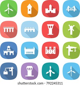 flat vector icon set - windmill vector, tower, castle, bridge, airport, fort, gothic architecture, palace, crane, loading