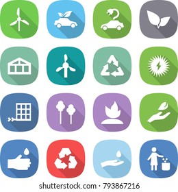 flat vector icon set - windmill vector, eco car, electric, leafs, greenhouse, recycle, solar power, panel, trees, sprouting, hand leaf, drop, recycling, and, garbage bin