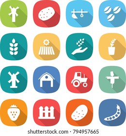 flat vector icon set - windmill vector, potato, plow, coffee seeds, spike, field, harvest, seedling, barn, tractor, scarecrow, strawberry, grain elevator, peas
