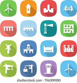 flat vector icon set - windmill vector, tower, castle, bridge, lighthouse, modular house, fort, gothic architecture, palace, crane, loading, airport
