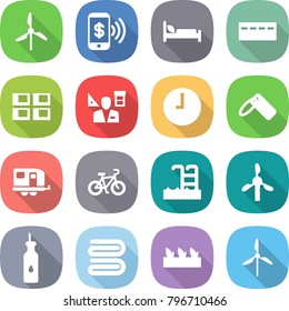 flat vector icon set - windmill vector, phone pay, hospital bed, bunker, panel house, architector, clock, label, trailer, bike, pool, vegetable oil, towel, seedling