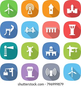 flat vector icon set - windmill vector, antenna, tower, castle, greate wall, bridge, airport, lighthouse, fort, crane, loading