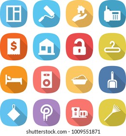 flat vector icon set - window vector, repair, real estate, phone, tax, home, unlocked, hanger, bed, speaker, washing, scoop, rag, elecric oven, food processor, rake