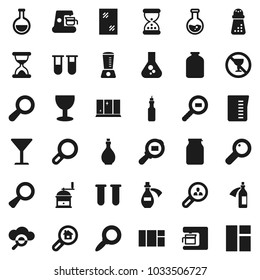 Flat vector icon set - window cleaning vector, shining, oil, measuring cup, hand mill, jar, magnifier, flask, no alcohol sign, glass, cargo search, vial, sand clock, potion, cloud, estate, client