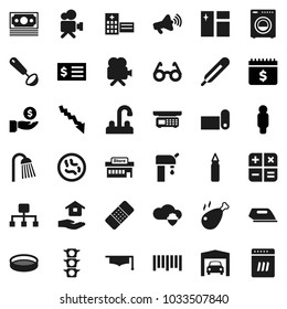Flat vector icon set - window cleaning vector, house hold, shower, water tap, ladle, sieve, chicken leg, graduate hat, glasses, crisis, investment, receipt, man, dollar calendar, punching bag, money
