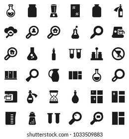 Flat vector icon set - window cleaning vector, shining, oil, measuring cup, hand mill, spices, jug, jar, magnifier, flask, no alcohol sign, cargo search, vial, sand clock, potion, cloud glass