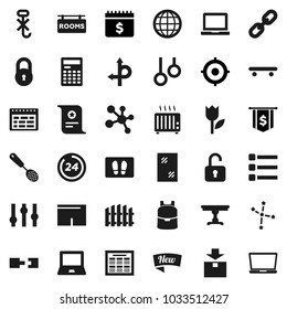 Flat vector icon set - window cleaning vector, welcome mat, skimmer, backpack, calculator, notebook pc, schedule, certificate, constellation, target, dollar flag, calendar, shorts, skateboard, route