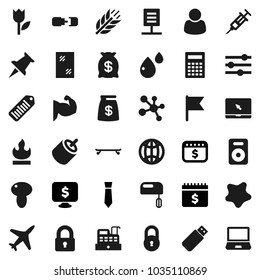 Flat vector icon set - window cleaning vector, splotch, mushroom, calculator, flag, tie, dollar calendar, monitor, muscule hand, skateboard, molecule, cereals, plane, tulip, flammable, barcode, rca