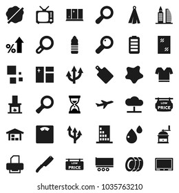 Flat vector icon set - window cleaning vector, splotch, plates, shining, towel, knife, cutting board, hand mill, magnifier, percent growth, sand clock, scales, t shirt, water bottle, plane, tv, barn