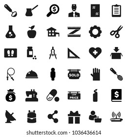 Flat vector icon set - window cleaning vector, welcome mat, agent, rubber glove, skimmer, ladle, turk coffee, dish, corner ruler, drawing compass, backpack, apple fruit, scissors, flask, money bag