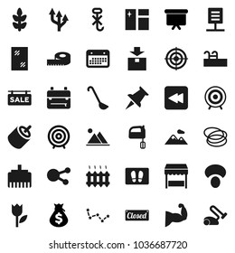 Flat vector icon set - window cleaning vector, welcome mat, ladle, mixer, mushroom, backpack, constellation, money bag, target, presentation board, measuring, muscule hand, cereals, hoop, calendar